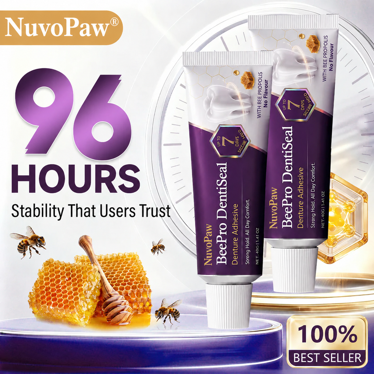 NuvoPaw® FDA Certified (Clinically Proven 96-Hour Lock Hold with Bee Propolis Gum Comfort for Secure, Comfortable & Zinc-Free Denture Fit)