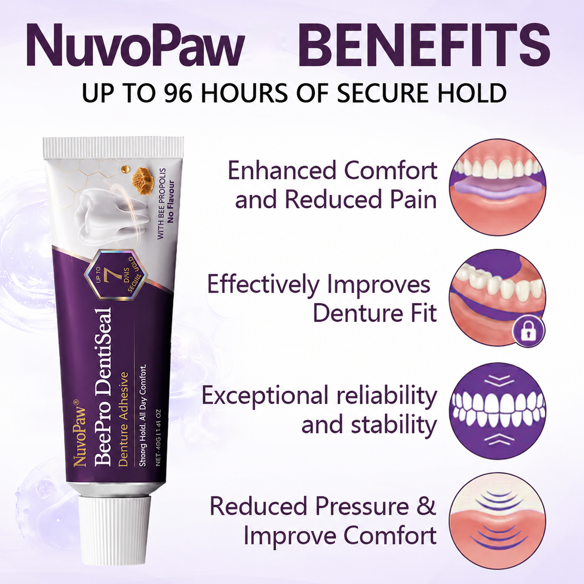 NuvoPaw® FDA Certified (Clinically Proven 96-Hour Lock Hold with Bee Propolis Gum Comfort for Secure, Comfortable & Zinc-Free Denture Fit)